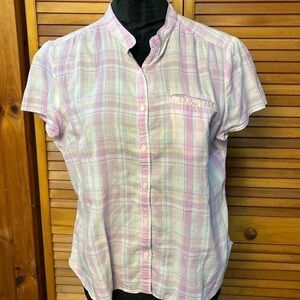 L.L. Bean pink/purple 100% Cotton Short Sleeve Button Down Shirt  Size PM EUC
